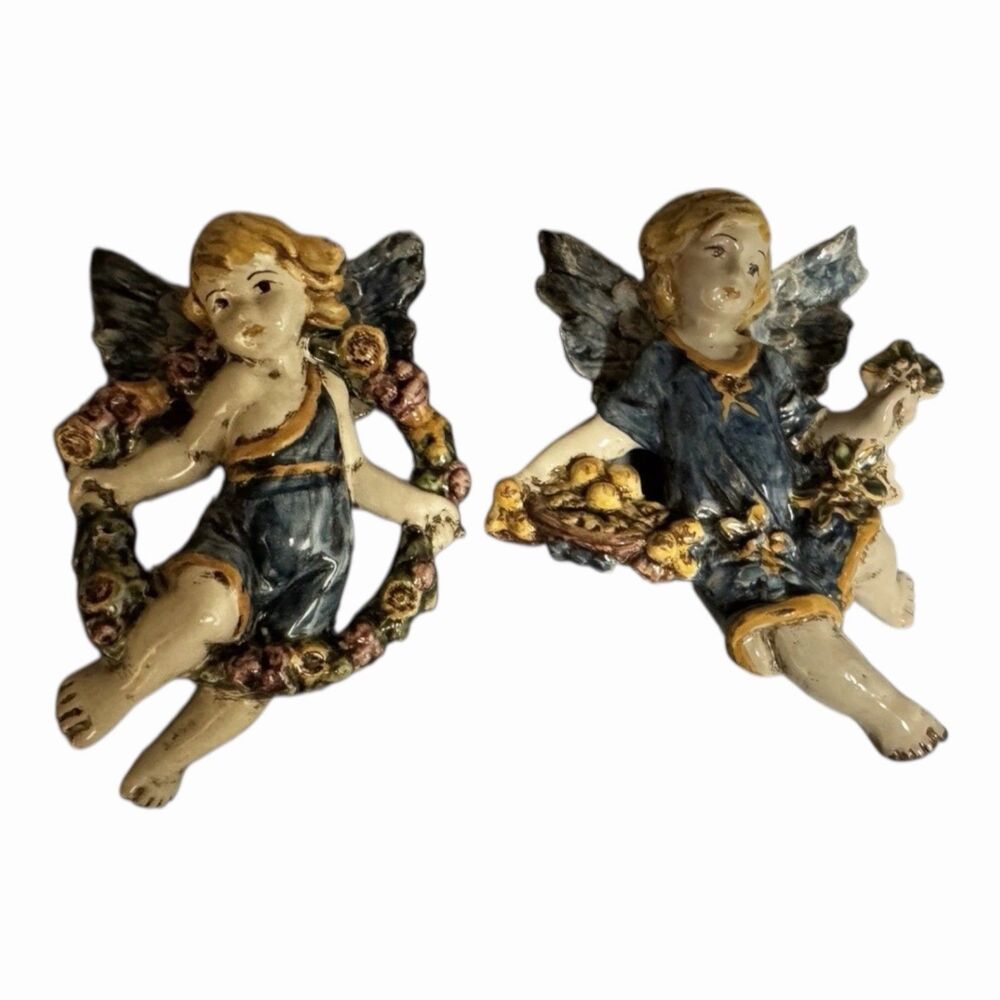 Handmade Painted Ceramic Clay Angels Figurines Set of 2 Vintage